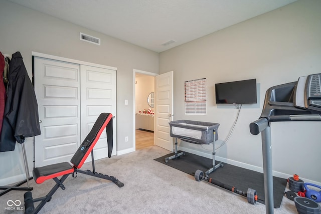 exercise room featuring light carpet