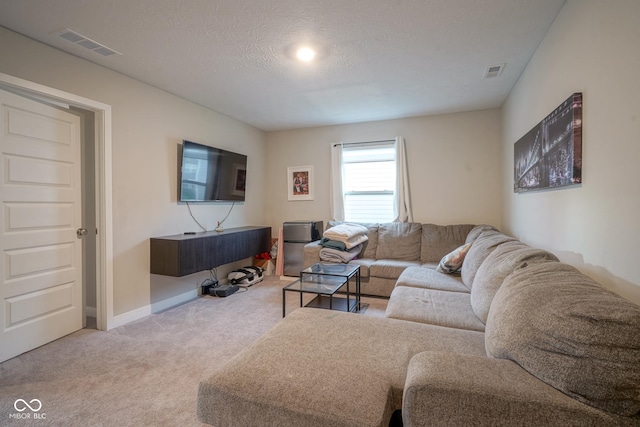 living room featuring light carpet and a textured ceiling