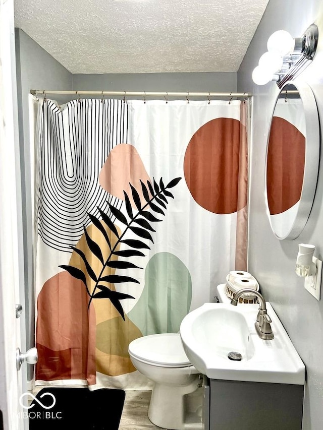 bathroom featuring toilet, vanity, a textured ceiling, and hardwood / wood-style flooring