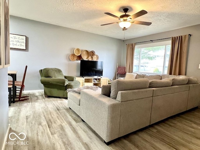 living room with ceiling fan, light hardwood / wood-style flooring, and a textured ceiling