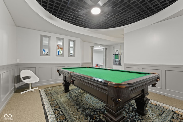 game room featuring ceiling fan, light carpet, and pool table