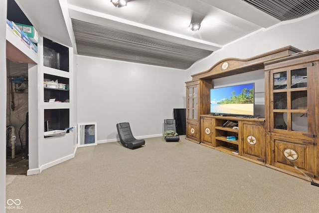 living room featuring built in features and carpet