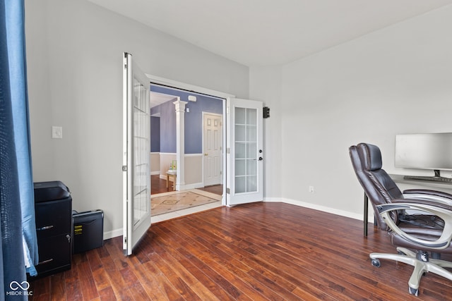 office space featuring dark hardwood / wood-style flooring and french doors