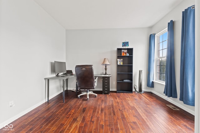 office area with dark wood-type flooring