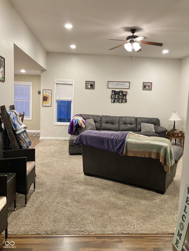 living room featuring ceiling fan and wood-type flooring