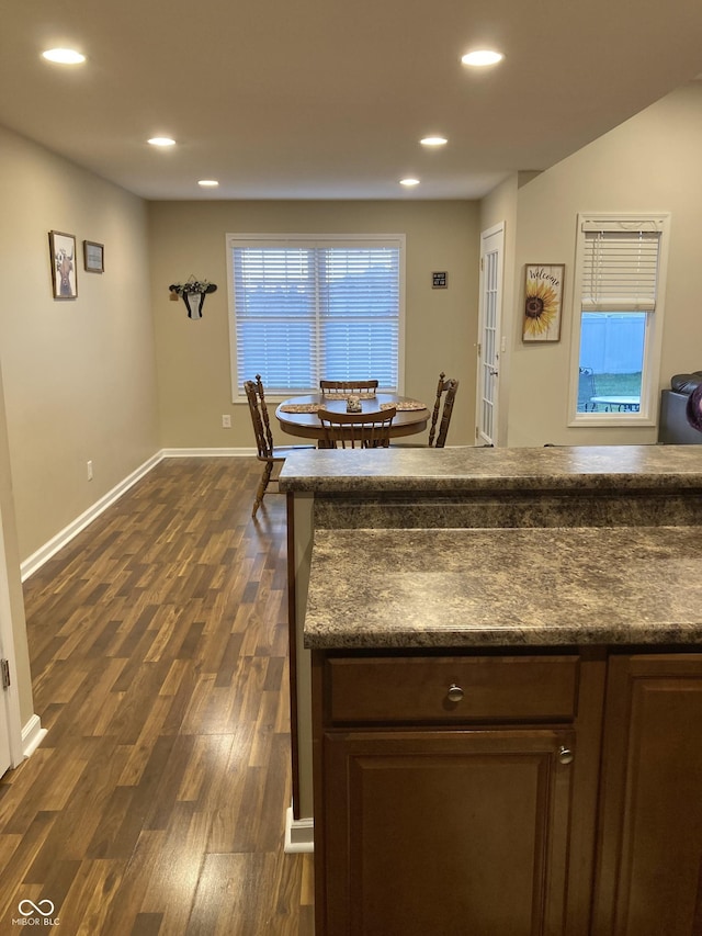 kitchen featuring dark brown cabinets and dark wood-type flooring