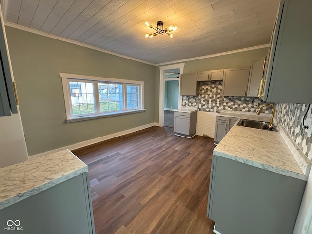 kitchen with tasteful backsplash, gray cabinetry, wood ceiling, dark wood-type flooring, and sink