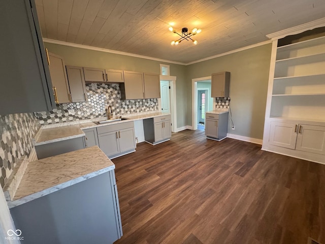 kitchen featuring gray cabinetry, sink, wooden ceiling, dark hardwood / wood-style flooring, and crown molding