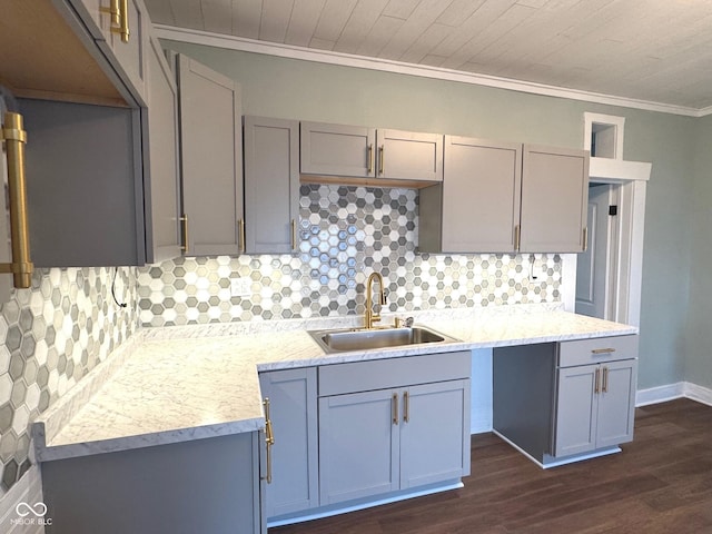 kitchen with dark hardwood / wood-style floors, tasteful backsplash, crown molding, and sink