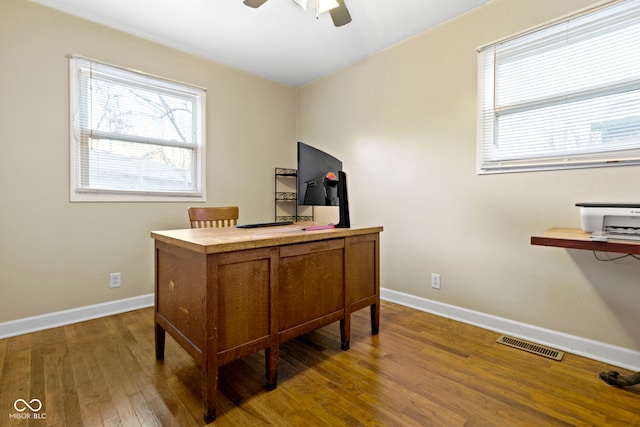 office area with ceiling fan and hardwood / wood-style flooring