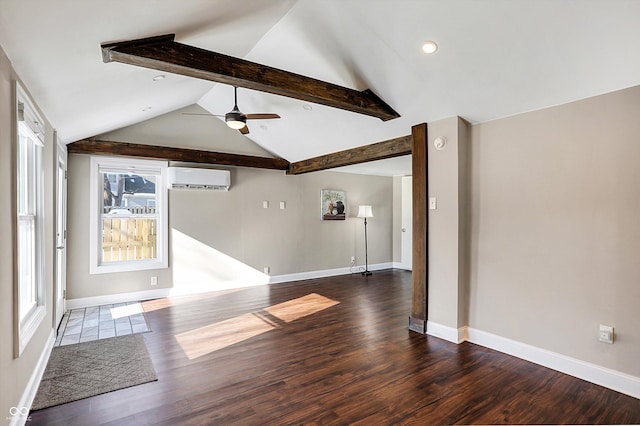 unfurnished living room featuring ceiling fan, lofted ceiling with beams, dark hardwood / wood-style floors, and an AC wall unit