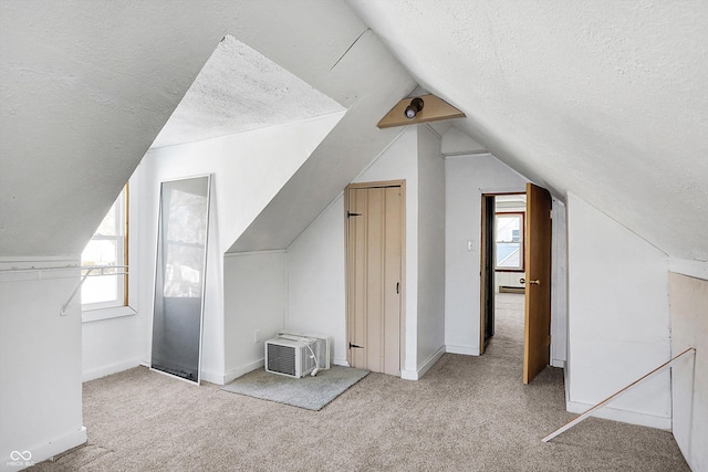 additional living space with lofted ceiling, a textured ceiling, and light colored carpet