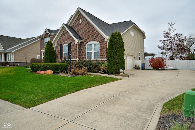 view of side of property featuring a lawn and a garage