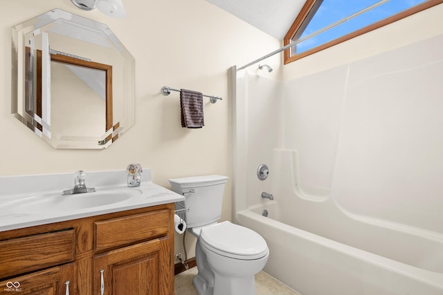 full bathroom featuring vanity, shower / bathtub combination, toilet, and vaulted ceiling