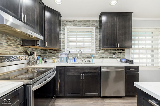 kitchen with crown molding, decorative backsplash, sink, and stainless steel appliances