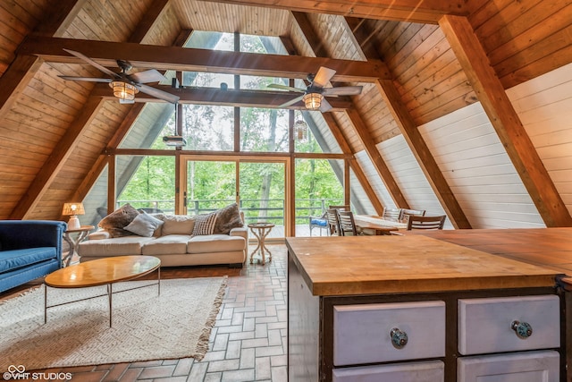 unfurnished living room with ceiling fan, beam ceiling, and wood ceiling