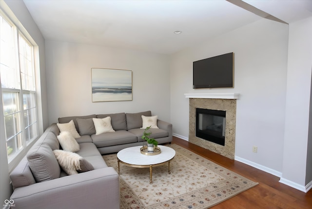 living room with dark hardwood / wood-style floors