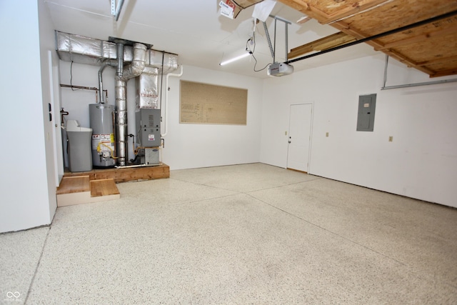 garage with electric panel, gas water heater, and a garage door opener