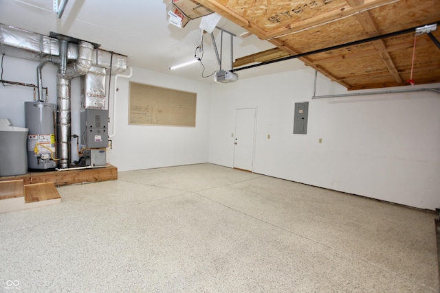 garage with electric panel, gas water heater, and a garage door opener