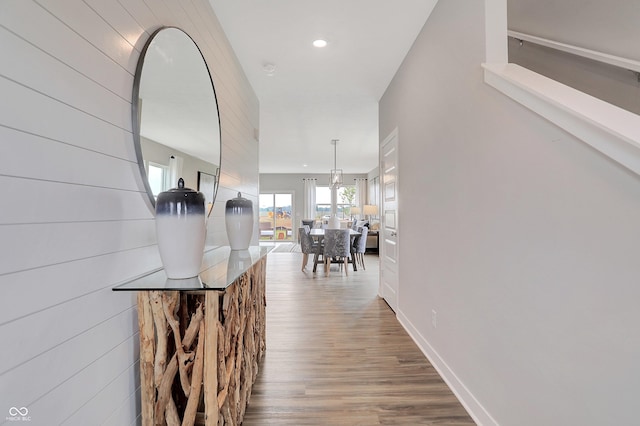 hallway with hardwood / wood-style flooring and wood walls