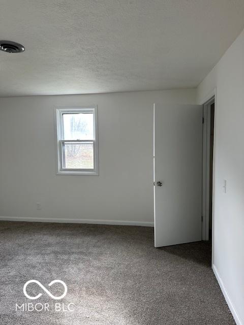 carpeted empty room featuring a textured ceiling