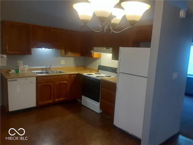 kitchen featuring white appliances, ventilation hood, sink, dark hardwood / wood-style flooring, and a chandelier