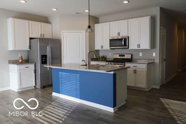 kitchen with white cabinetry, sink, dark wood-type flooring, stainless steel appliances, and a center island with sink