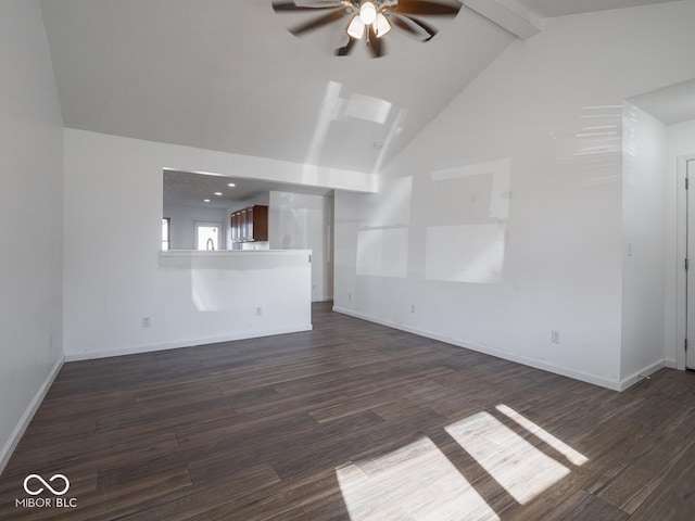 unfurnished living room with beam ceiling, ceiling fan, dark hardwood / wood-style flooring, and high vaulted ceiling