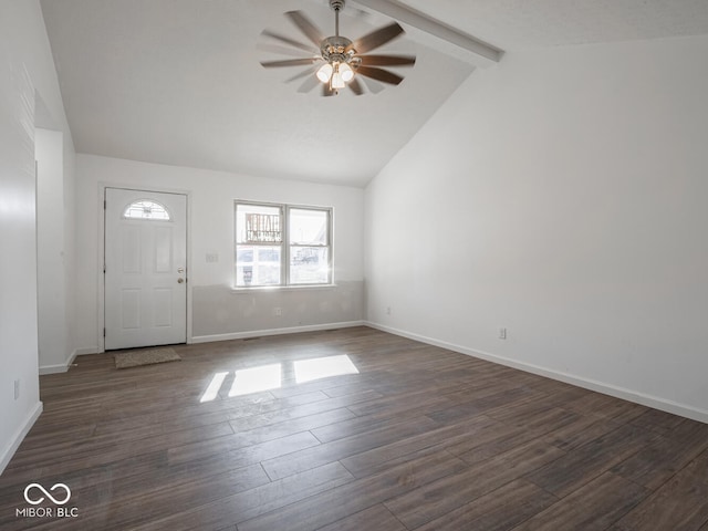 entrance foyer with lofted ceiling with beams, dark hardwood / wood-style floors, and ceiling fan