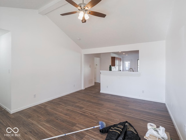 unfurnished living room featuring ceiling fan, beamed ceiling, dark wood-type flooring, and high vaulted ceiling