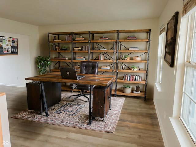 office with dark hardwood / wood-style flooring