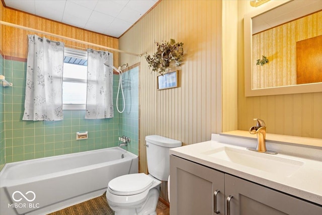 full bathroom with toilet, vanity, and shower / tub combo with curtain