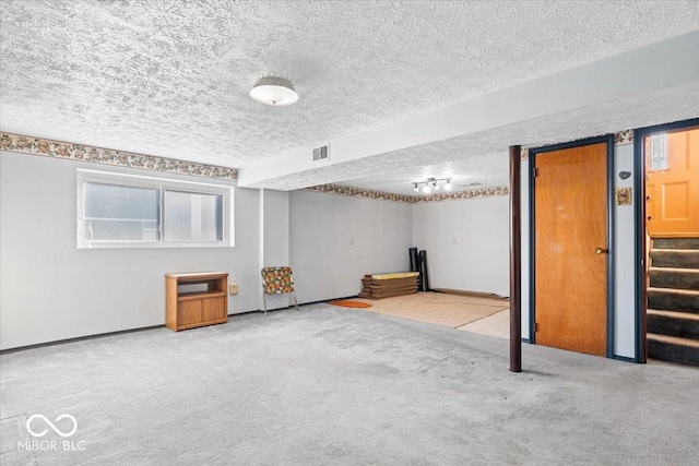 basement featuring carpet and a textured ceiling