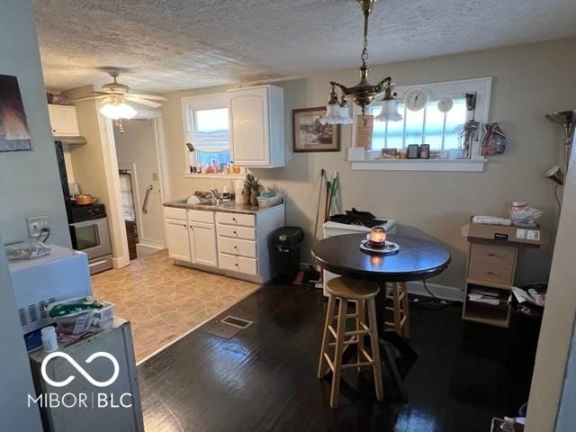 dining room featuring ceiling fan, light hardwood / wood-style floors, sink, and a textured ceiling