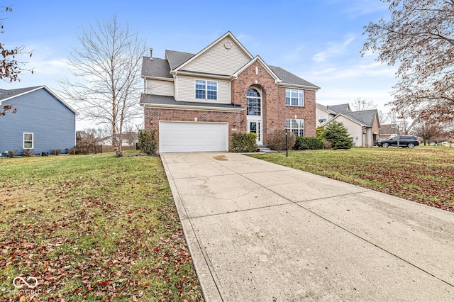 traditional home featuring driveway, a garage, roof with shingles, a front lawn, and brick siding