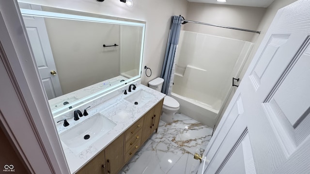 full bath featuring marble finish floor, a sink, shower / bathtub combination with curtain, and toilet