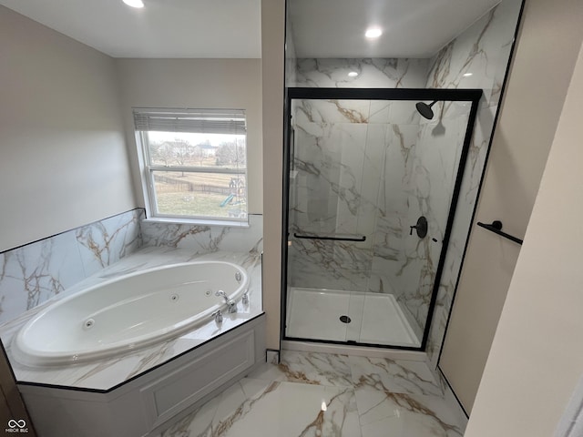 full bathroom with recessed lighting, a marble finish shower, marble finish floor, and a whirlpool tub