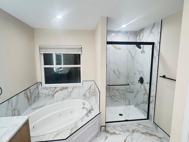 bathroom featuring marble finish floor, a marble finish shower, recessed lighting, vanity, and a whirlpool tub