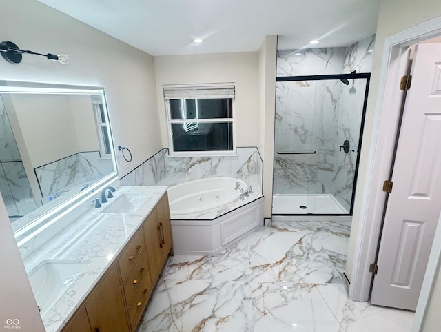 bathroom featuring a sink, marble finish floor, a marble finish shower, a whirlpool tub, and double vanity