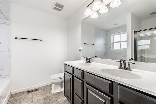 full bathroom with plus walk in shower, vanity, and toilet