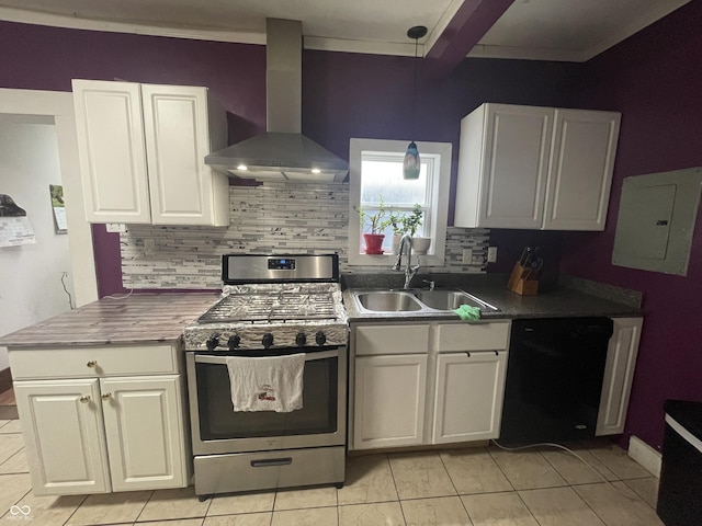 kitchen with dishwasher, sink, wall chimney range hood, double oven range, and white cabinets