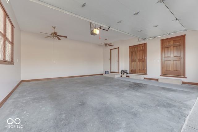 garage with ceiling fan, a garage door opener, and a porch