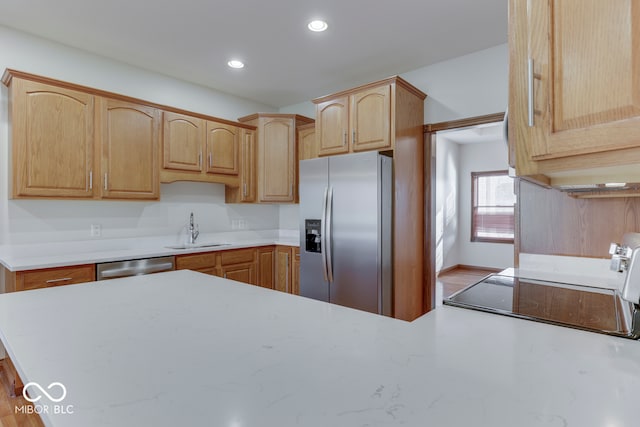 kitchen with sink, light brown cabinets, and appliances with stainless steel finishes