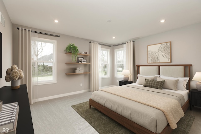6973 Oakdale Ln, Avon, IN 46123 - bedroom with visible vents, baseboards, recessed lighting, and light colored carpet