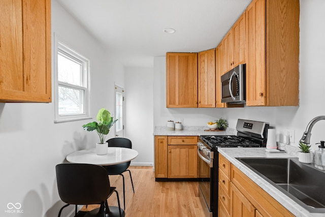 kitchen with sink, stainless steel appliances, and light hardwood / wood-style flooring