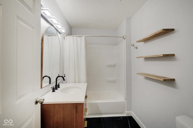 full bathroom with shower / bathtub combination with curtain, vanity, toilet, and a textured ceiling