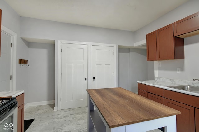 kitchen with a kitchen island, sink, butcher block countertops, and stainless steel range with electric stovetop