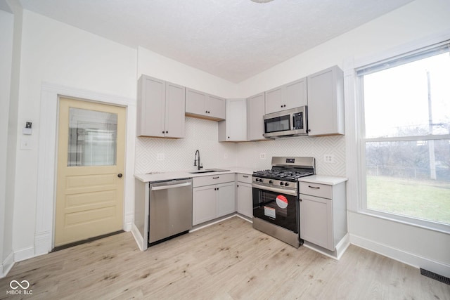 kitchen with sink, decorative backsplash, gray cabinets, appliances with stainless steel finishes, and light hardwood / wood-style floors