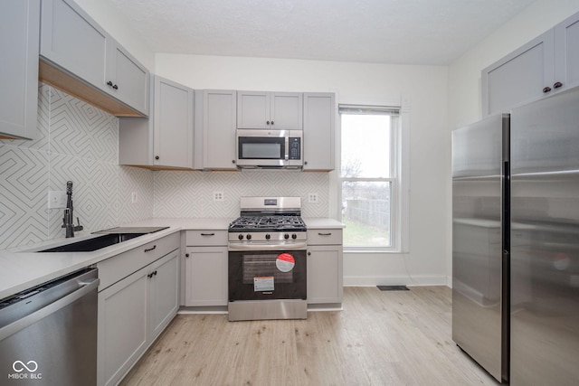 kitchen featuring appliances with stainless steel finishes, backsplash, gray cabinetry, sink, and light hardwood / wood-style floors