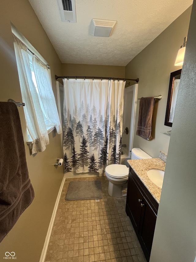 full bathroom with vanity, toilet, a textured ceiling, and shower / tub combo with curtain